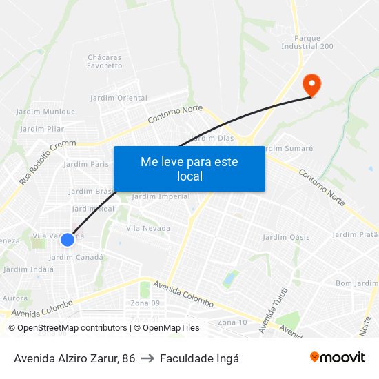 Avenida Alziro Zarur, 86 to Faculdade Ingá map