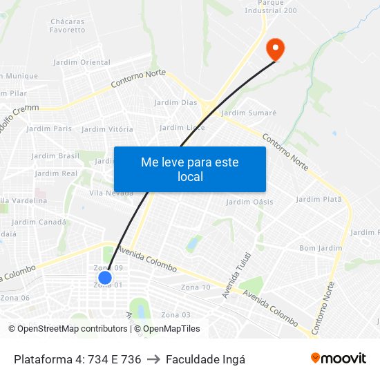 Plataforma 4: 734 E 736 to Faculdade Ingá map