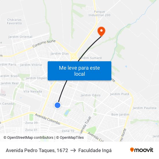 Avenida Pedro Taques, 1672 to Faculdade Ingá map