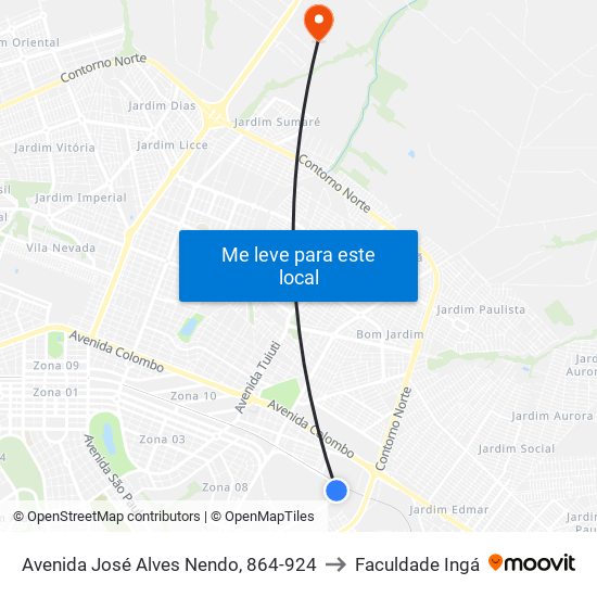 Avenida José Alves Nendo, 864-924 to Faculdade Ingá map