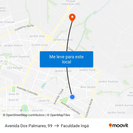 Avenida Dos Palmares, 99 to Faculdade Ingá map