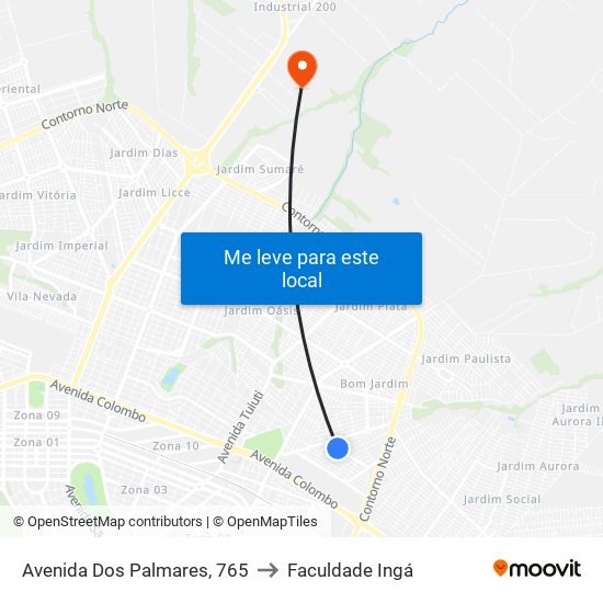 Avenida Dos Palmares, 765 to Faculdade Ingá map