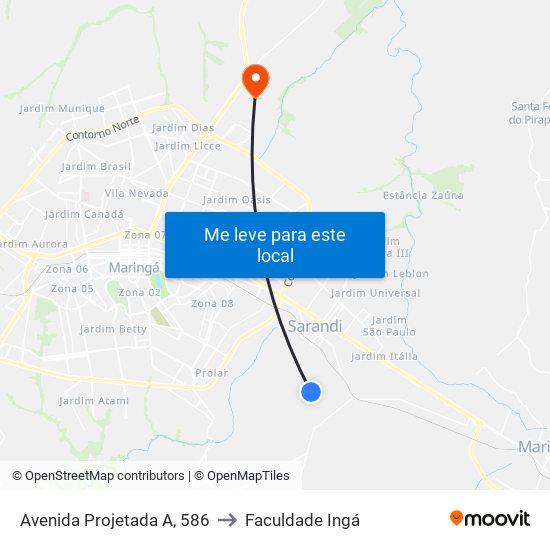 Avenida Projetada A, 586 to Faculdade Ingá map