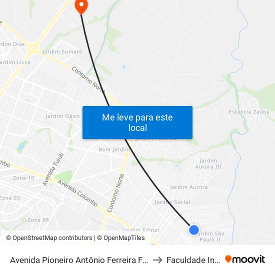 Avenida Pioneiro Antônio Ferreira Filho to Faculdade Ingá map