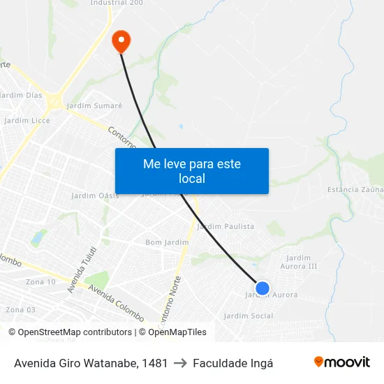 Avenida Giro Watanabe, 1481 to Faculdade Ingá map