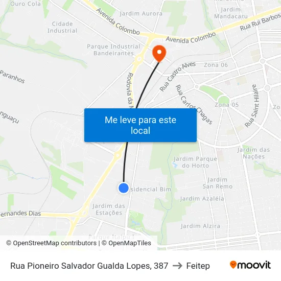 Rua Pioneiro Salvador Gualda Lopes, 387 to Feitep map