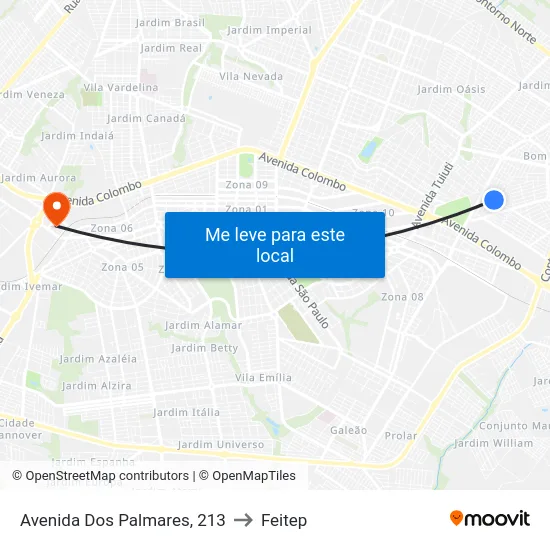 Avenida Dos Palmares, 213 to Feitep map