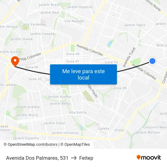 Avenida Dos Palmares, 531 to Feitep map