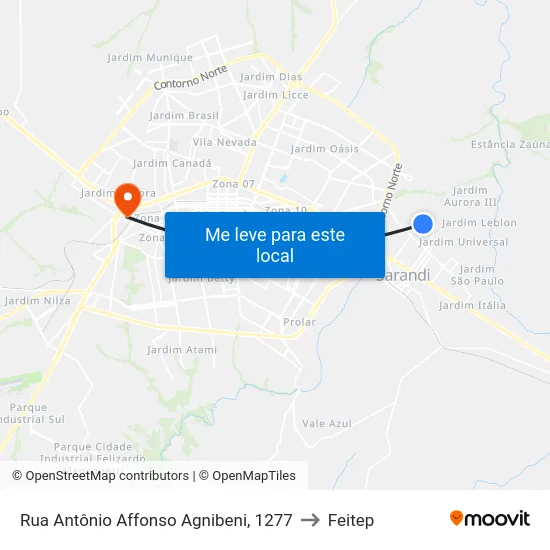 Rua Antônio Affonso Agnibeni, 1277 to Feitep map