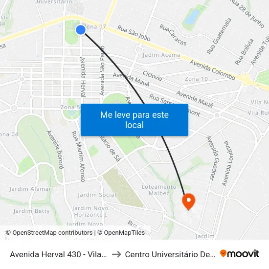 Avenida Herval 430 - Vila Olimpica to Centro Universitário De Maringá map