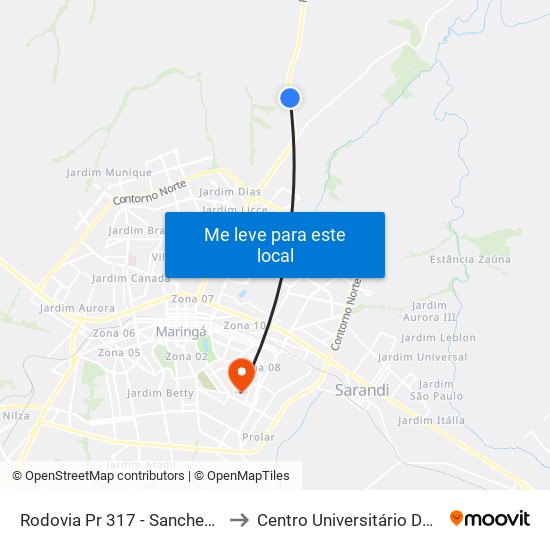 Rodovia Pr 317 - Sanches Tripoloni to Centro Universitário De Maringá map