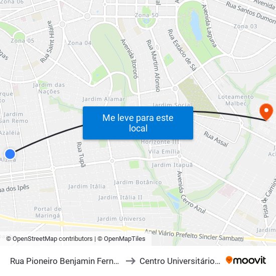 Rua Pioneiro Benjamin Fernandes Dias, 755 to Centro Universitário De Maringá map