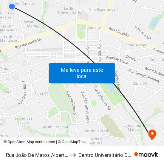 Rua João De Matos Alberto, 163-249 to Centro Universitário De Maringá map