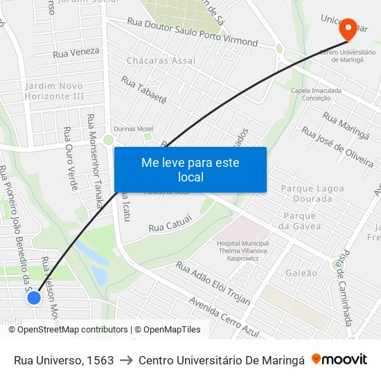 Rua Universo, 1563 to Centro Universitário De Maringá map