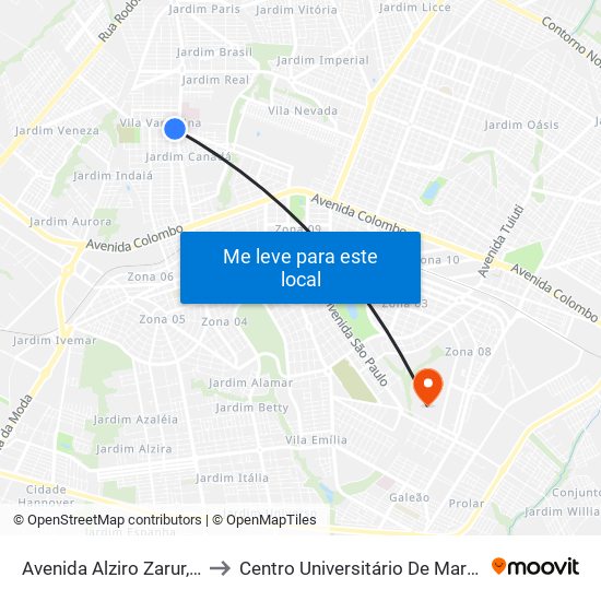 Avenida Alziro Zarur, 86 to Centro Universitário De Maringá map