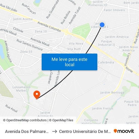 Avenida Dos Palmares, 213 to Centro Universitário De Maringá map