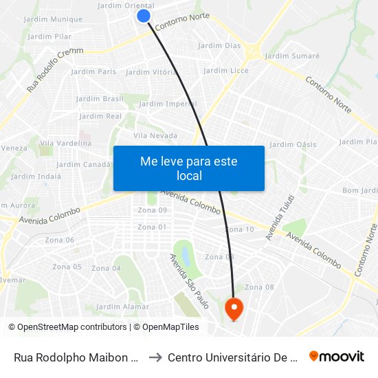 Rua Rodolpho Maibon Moreira to Centro Universitário De Maringá map