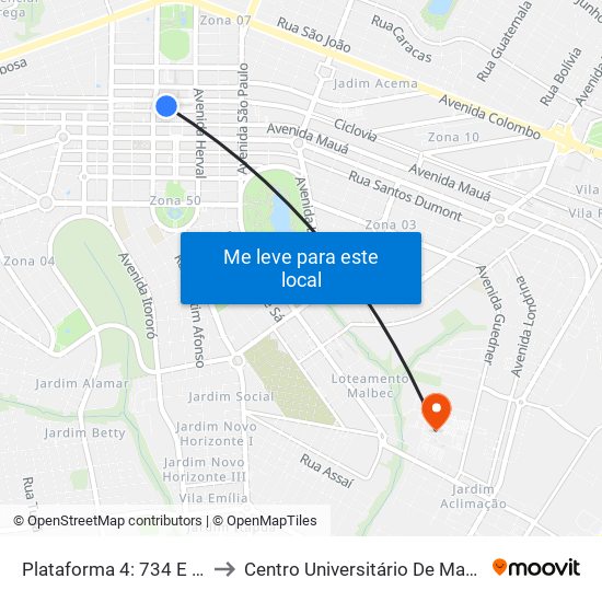 Plataforma 4: 734 E 736 to Centro Universitário De Maringá map