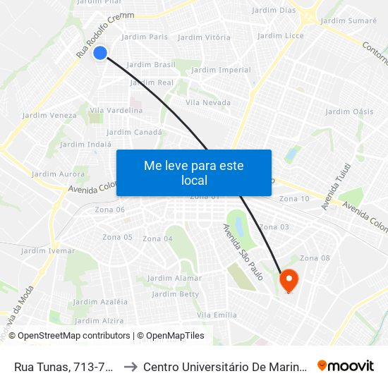 Rua Tunas, 713-739 to Centro Universitário De Maringá map