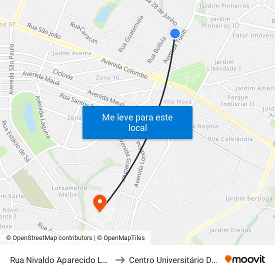 Rua Nivaldo Aparecido Lopes, 2-92 to Centro Universitário De Maringá map