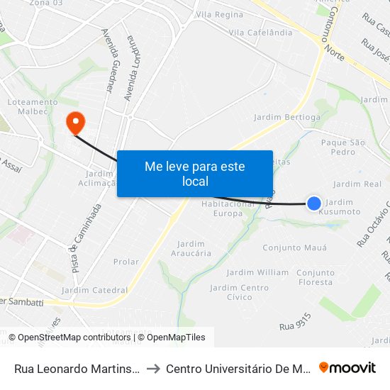 Rua Leonardo Martins Filho to Centro Universitário De Maringá map