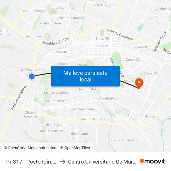 Pr-317 - Posto Ipiranga to Centro Universitário De Maringá map