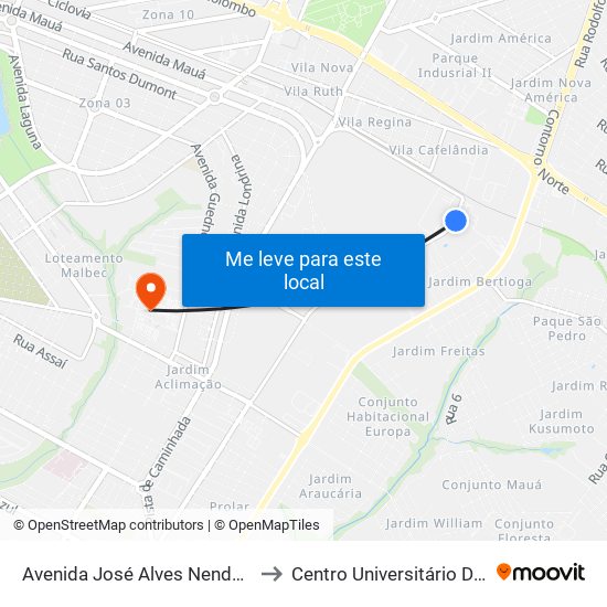 Avenida José Alves Nendo, 926-1016 to Centro Universitário De Maringá map