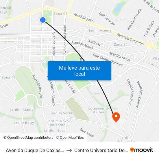 Avenida Duque De Caxias, 284-316 to Centro Universitário De Maringá map