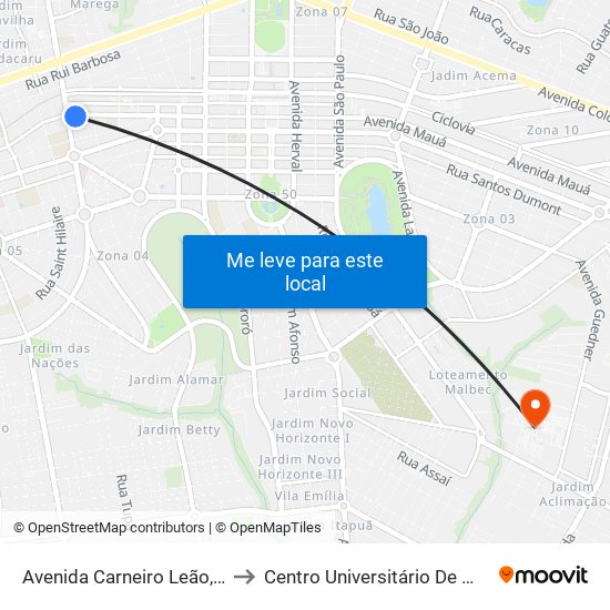 Avenida Carneiro Leão, 1019 to Centro Universitário De Maringá map
