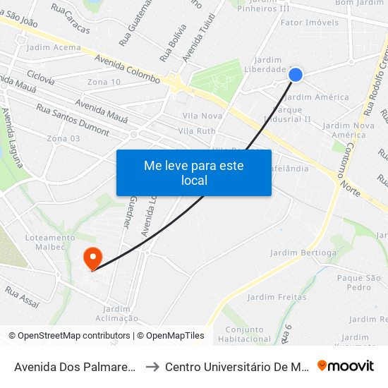 Avenida Dos Palmares, 531 to Centro Universitário De Maringá map