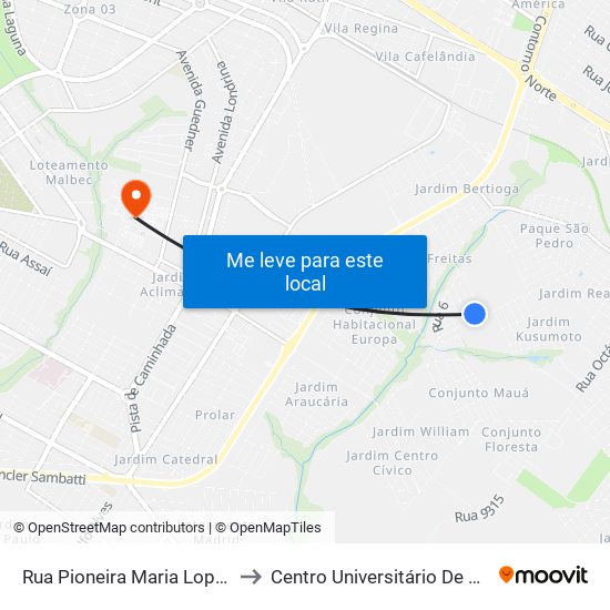 Rua Pioneira Maria Lopes, 425 to Centro Universitário De Maringá map