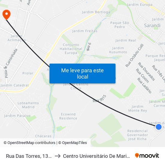 Rua Das Torres, 1347 to Centro Universitário De Maringá map