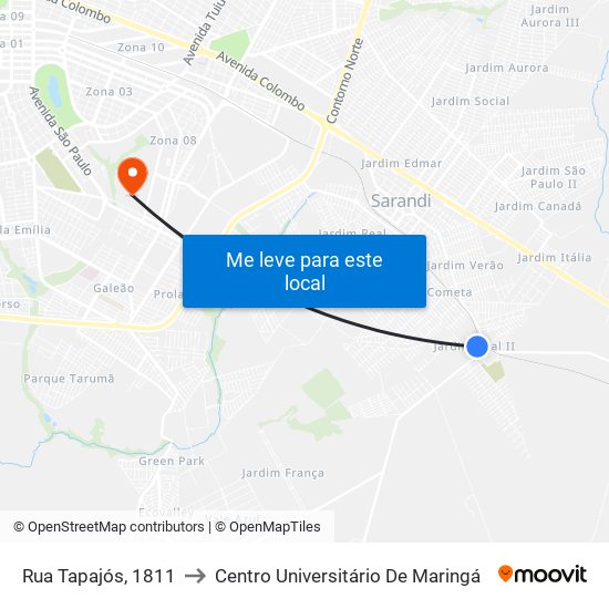 Rua Tapajós, 1811 to Centro Universitário De Maringá map