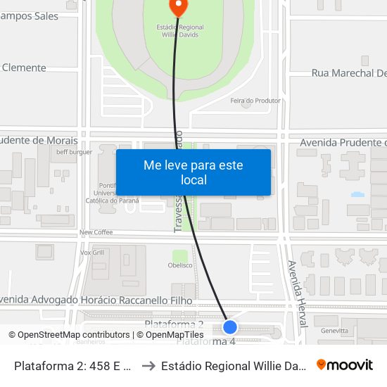 Plataforma 2: 458 E 459 to Estádio Regional Willie Davids map