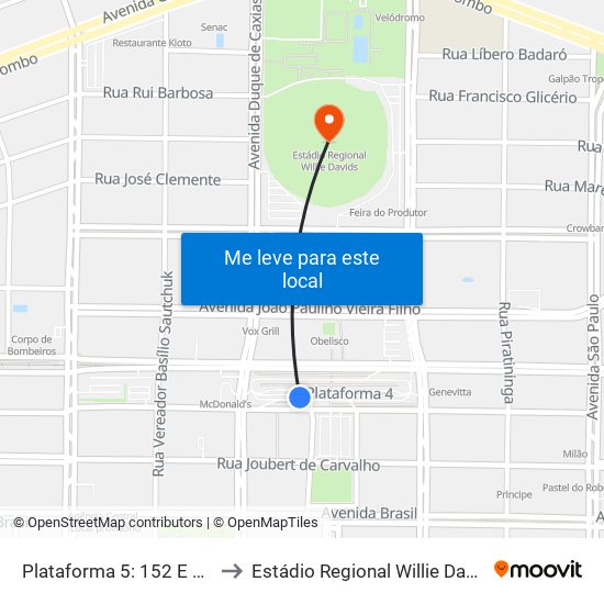 Plataforma 5: 152 E 233 to Estádio Regional Willie Davids map