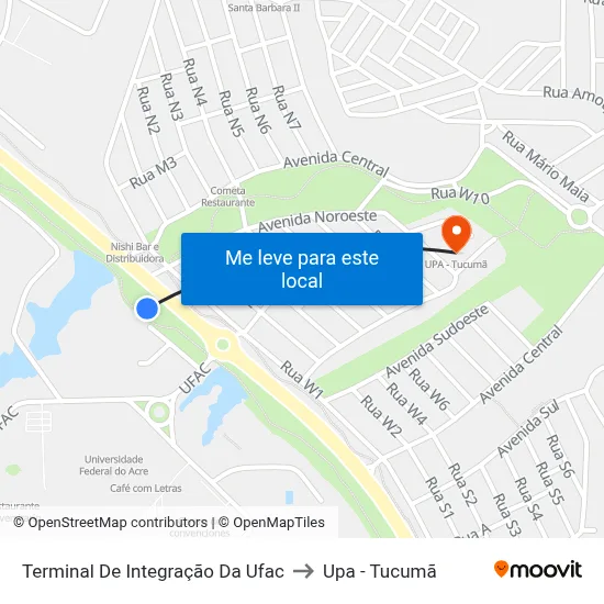 Terminal De Integração Da Ufac to Upa - Tucumã map