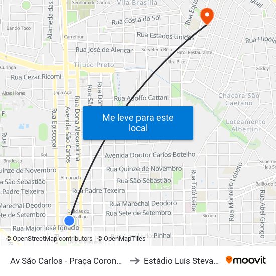 Av São Carlos - Praça Coronel Sales (Pombos) to Estádio Luís Stevan De Siqueira map