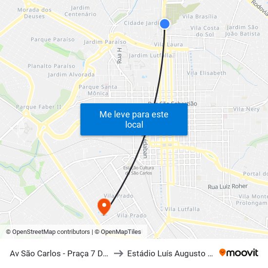 Av São Carlos - Praça 7 De Setembro to Estádio Luís Augusto De Oliveira map