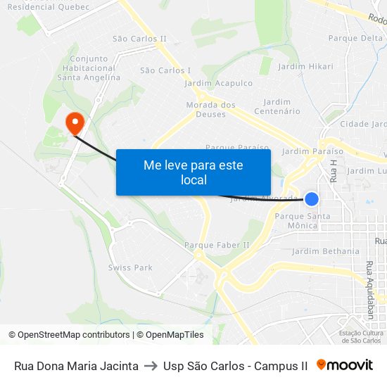 Rua Dona Maria Jacinta to Usp São Carlos - Campus II map