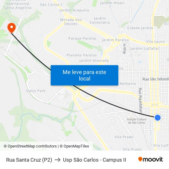 Rua Santa Cruz (P2) to Usp São Carlos - Campus II map