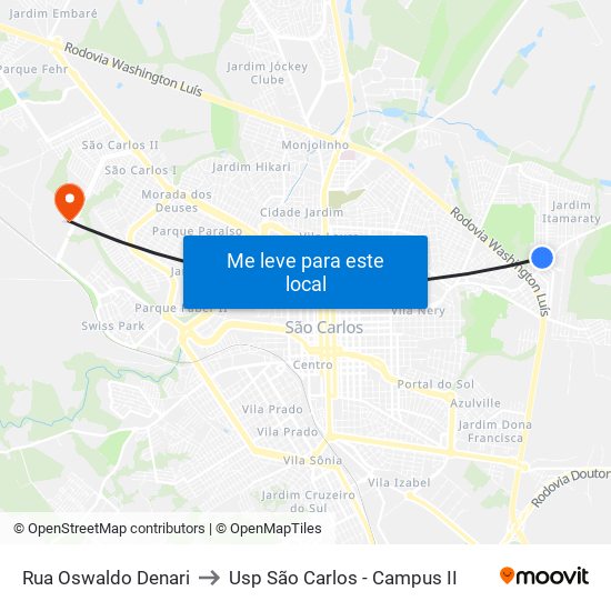 Rua Oswaldo Denari to Usp São Carlos - Campus II map