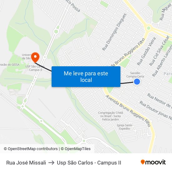 Rua José Missali to Usp São Carlos - Campus II map