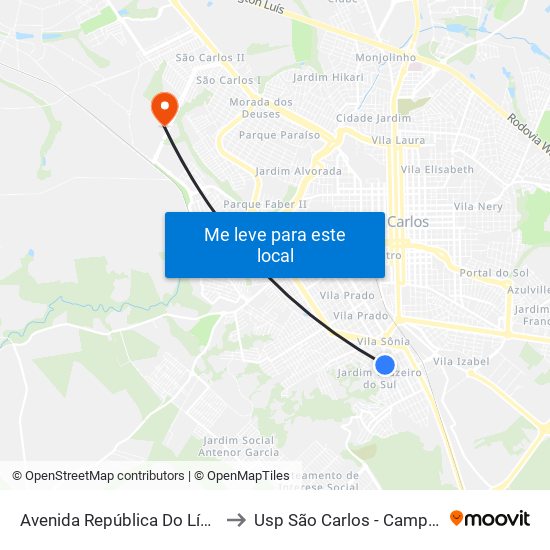Avenida República Do Líbano to Usp São Carlos - Campus II map