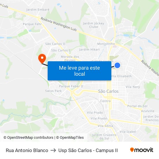 Rua Antonio Blanco to Usp São Carlos - Campus II map