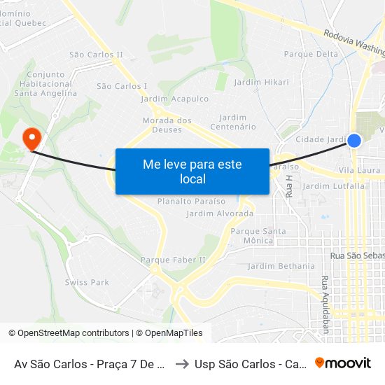 Av São Carlos - Praça 7 De Setembro to Usp São Carlos - Campus II map