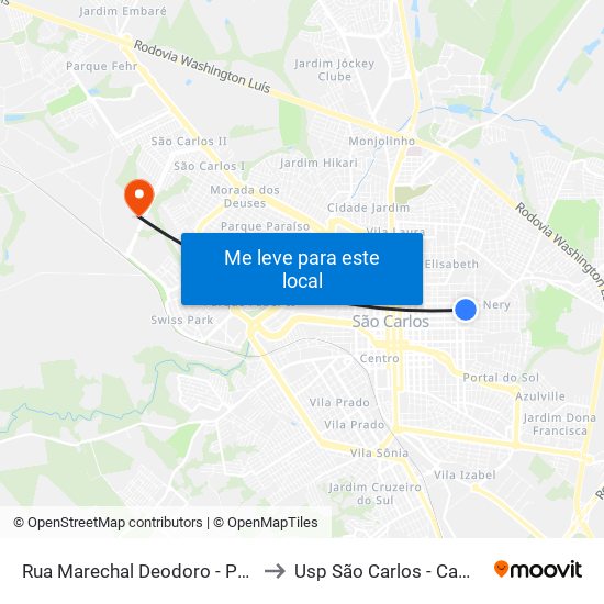 Rua Marechal Deodoro - Pç Brasil to Usp São Carlos - Campus II map