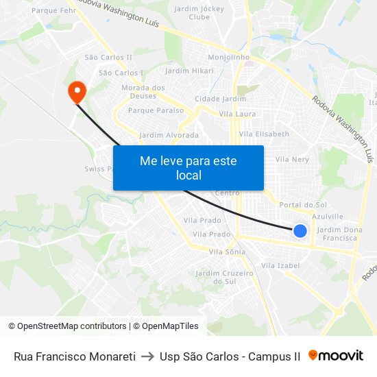 Rua Francisco Monareti to Usp São Carlos - Campus II map