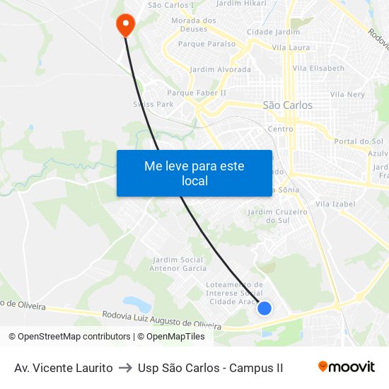 Av. Vicente Laurito to Usp São Carlos - Campus II map