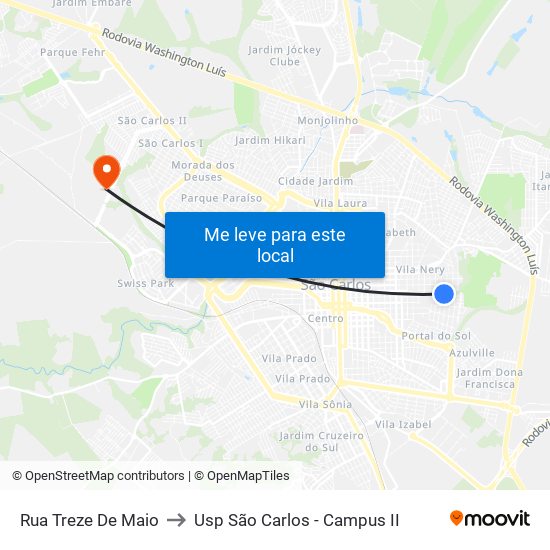 Rua Treze De Maio to Usp São Carlos - Campus II map