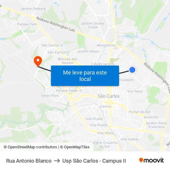 Rua Antonio Blanco to Usp São Carlos - Campus II map